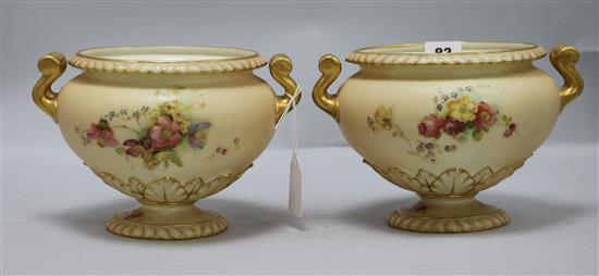 A pair of Royal Worcester blush ivory two-handled vases